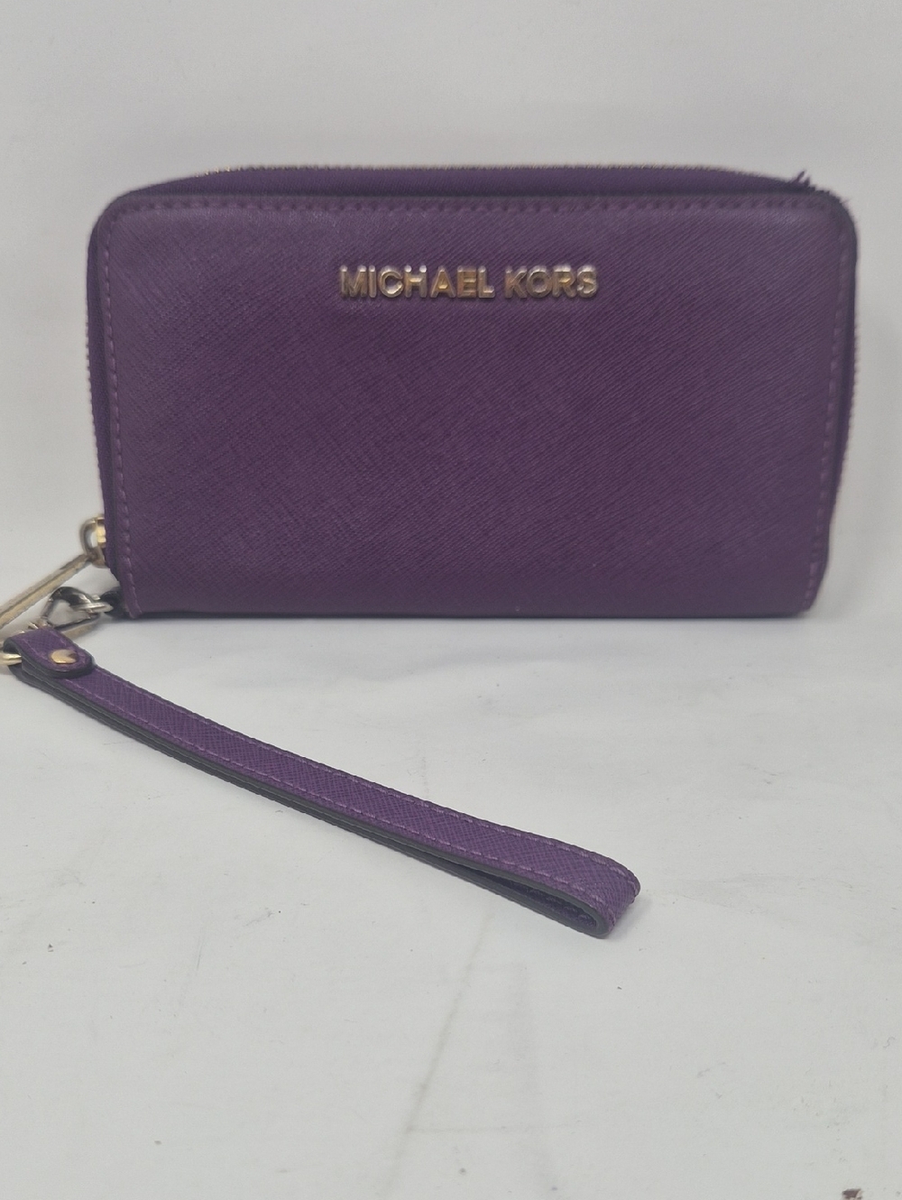 Michael Kors Plum Saffiano Leather Wristlet with Gold Logo